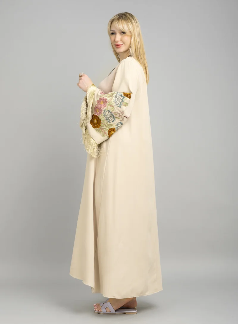 IKKXA Shimmer Detail Sleeves Embroidered Jalabiya CJ1078 Beige