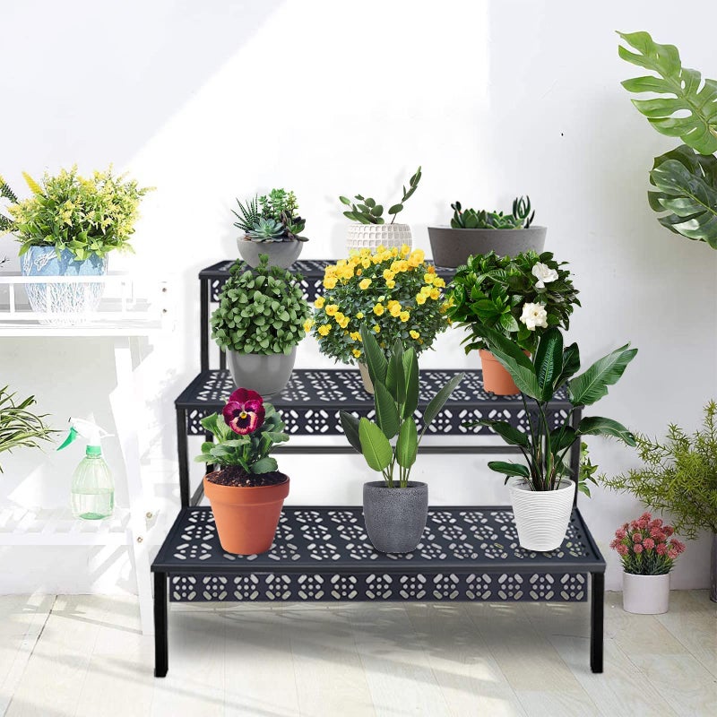 aboxoo 3 Tier Stair Style Large Metal Plant Stand, Garden Display Shelf Flower Pot Holder Storage Organizer Rack for Indoor Home Outdoor Patio Balcony Yard( Black, Rectangle) - Image 5