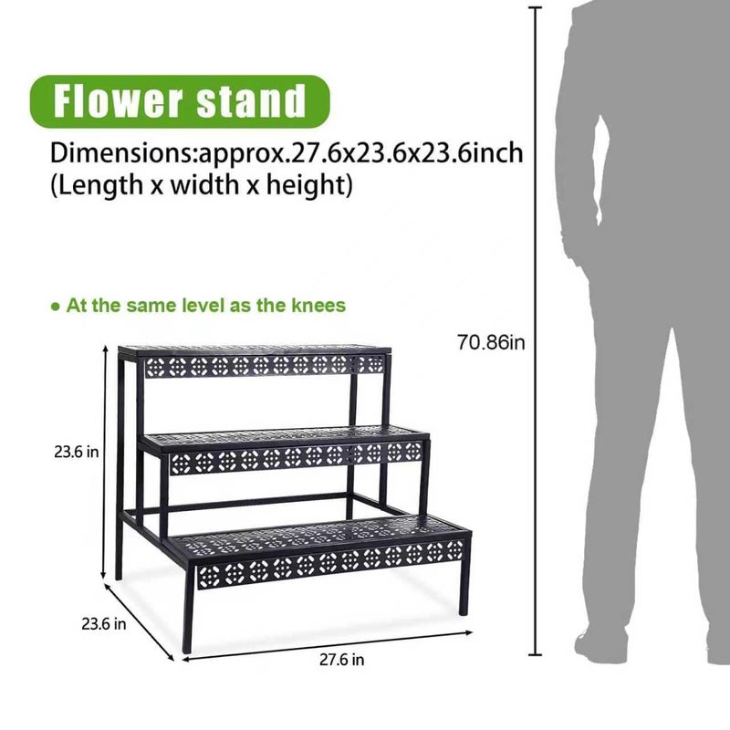 aboxoo 3 Tier Stair Style Large Metal Plant Stand, Garden Display Shelf Flower Pot Holder Storage Organizer Rack for Indoor Home Outdoor Patio Balcony Yard( Black, Rectangle) - Image 2