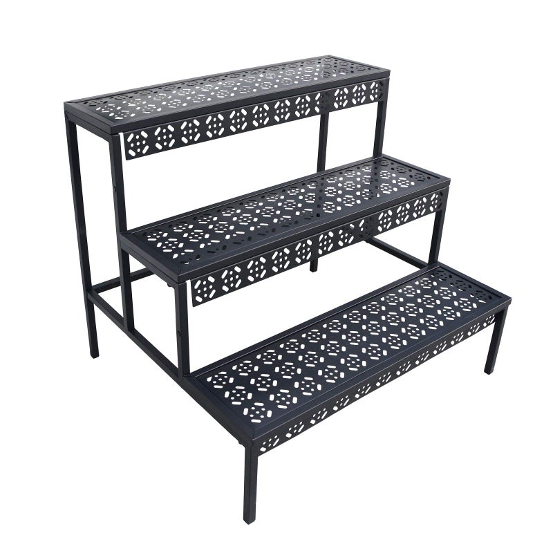 aboxoo 3 Tier Stair Style Large Metal Plant Stand, Garden Display Shelf Flower Pot Holder Storage Organizer Rack for Indoor Home Outdoor Patio Balcony Yard( Black, Rectangle) - Image 1