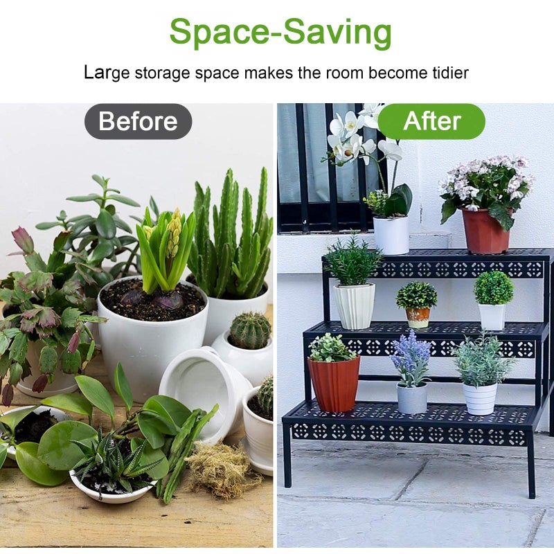 aboxoo 3 Tier Stair Style Large Metal Plant Stand, Garden Display Shelf Flower Pot Holder Storage Organizer Rack for Indoor Home Outdoor Patio Balcony Yard( Black, Rectangle) - Image 4