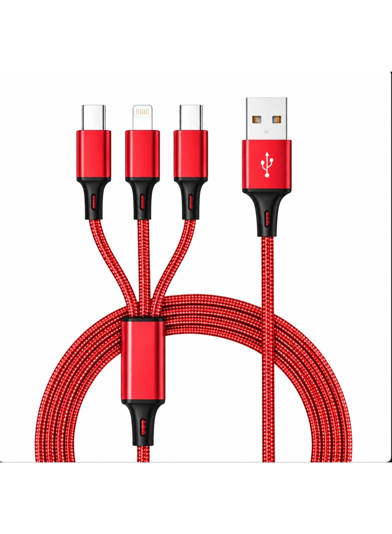 Red 1M 3-in-1 Multi Charging Cable, Nylon Braided Universal USB to Type-C/Micro/Lightning Cord for iPhone, Samsung, Android - Image 1