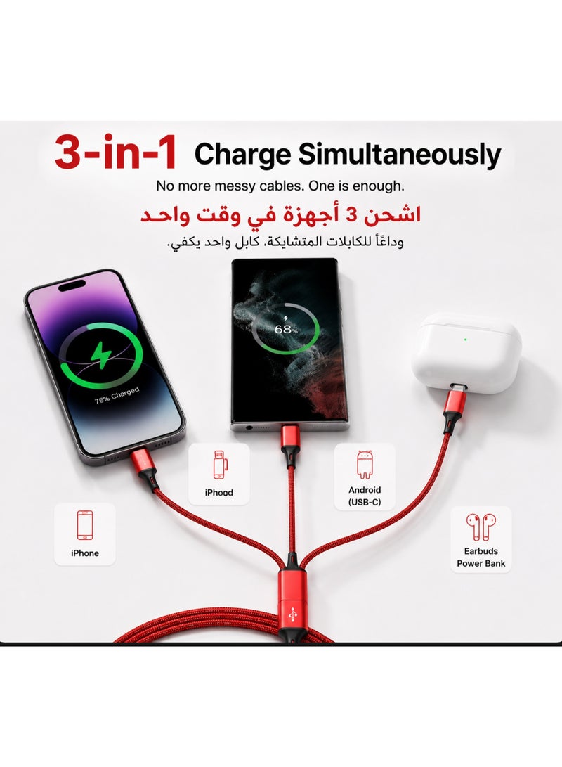 Red 1M 3-in-1 Multi Charging Cable, Nylon Braided Universal USB to Type-C/Micro/Lightning Cord for iPhone, Samsung, Android - Image 2