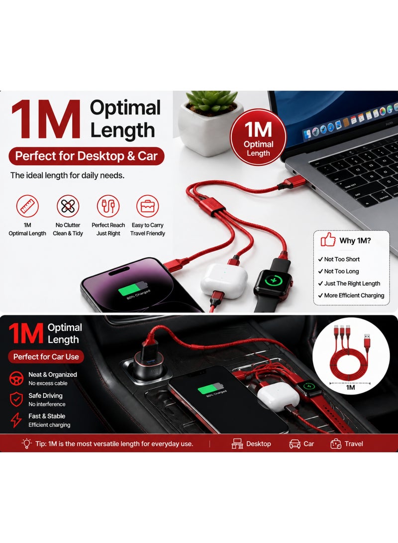 Red 1M 3-in-1 Multi Charging Cable, Nylon Braided Universal USB to Type-C/Micro/Lightning Cord for iPhone, Samsung, Android - Image 4