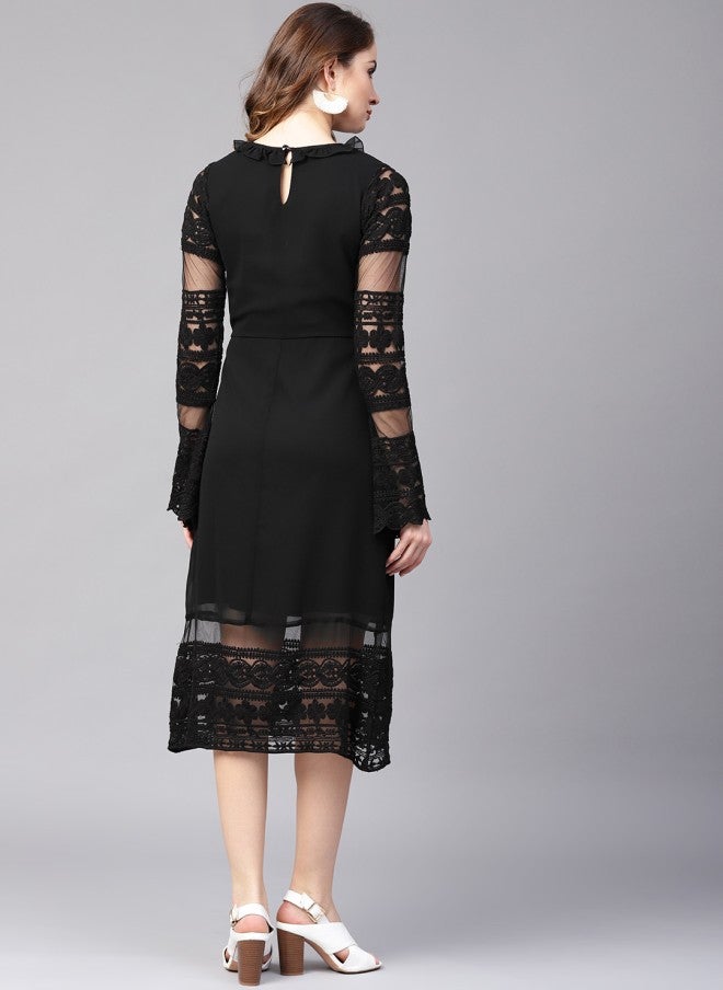Athena Black Lace Solid Detail Midi Sheath Dress for Women - Image 5