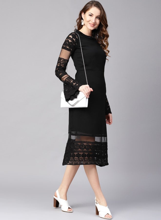 Athena Black Lace Solid Detail Midi Sheath Dress for Women - Image 4