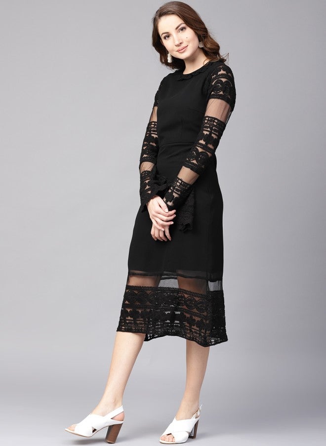 Athena Black Lace Solid Detail Midi Sheath Dress for Women - Image 3