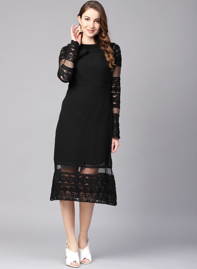 Athena Black Lace Solid Detail Midi Sheath Dress for Women - Image 1