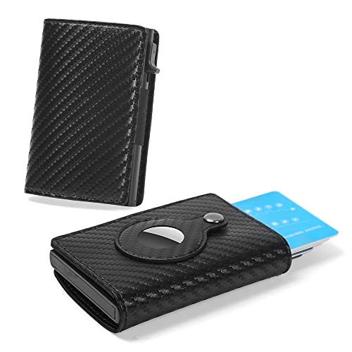 Fermido Wallet with Air Tag Holder RFID Credit Card Money Holder Automatic Pop up Wallet Pocket-Sized Slim Multipurpose Accessory Leather Card Holder for Men (Black Carbon Fiber) - Image 1