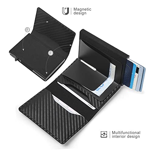 Fermido Wallet with Air Tag Holder RFID Credit Card Money Holder Automatic Pop up Wallet Pocket-Sized Slim Multipurpose Accessory Leather Card Holder for Men (Black Carbon Fiber) - Image 3