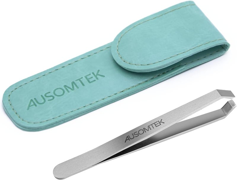 Ausomtek Beard Tweezers, White Hair Plucking Tweezers, Stainless Steel, Fine Hair Removal Tweezers, Eyebrows Shaping Tool, 5mm Tip, Cyan PU Case 1Pack - Image 1