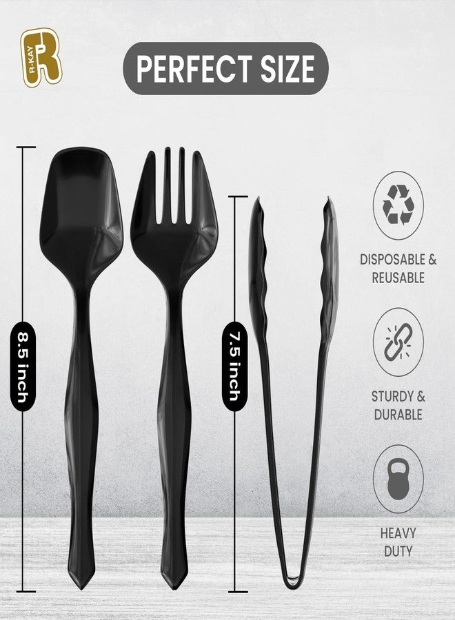 R-kay 18 Pcs Black Plastic Serving Utensils Set - 6 Black Plastic Serving Spoons, 6 Black Tongs And 6 Forks - Heavy Duty Black Disposable Serving Utensils Set For Parties - Image 5