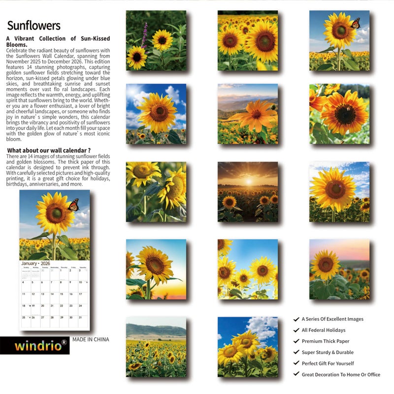 windrio 2026 Wall Calendar,Calendar 2026, November 2025 - December 2026, Wall Calendar Sunflowers, 12" x 24" Opened,Full Page Months Thick & Sturdy Paper for Gift Perfect Calendar Organizing & Planning - Image 2