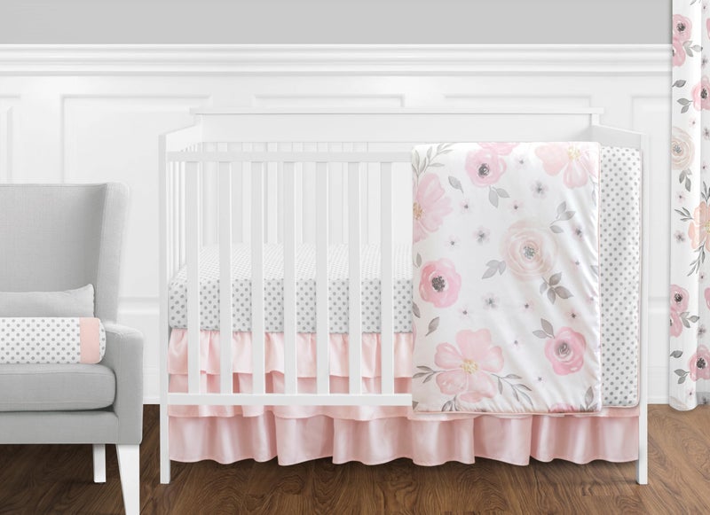 Sweet Jojo Designs Sweet Jojo Designs 11Piece Baby Crib Bedding Set PinkGrey Boho Floral for Girls InfantsNursery incl Blanket Fitted Sheet Skirt Diaper Stacker Valances Wall Hangings Toy Bag Pillow Rose 