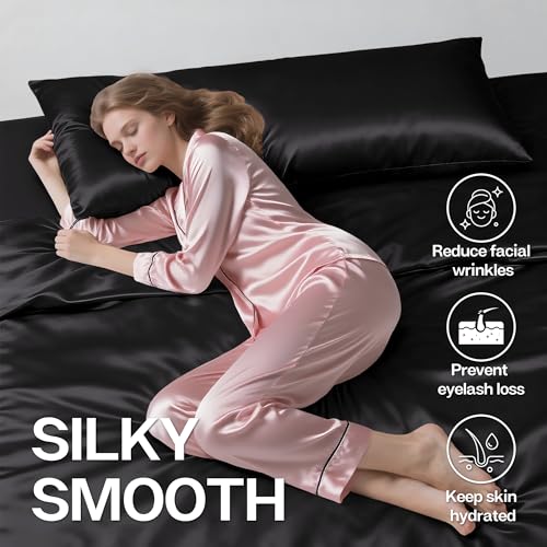 MR&HM Satin Body Pillow Cover, Soft and Breathable Body Pillow Case with Envelope Closure, Cooling and Silky Long Pillowcase for Hair and Skin,Grey (20x54, Black) - Image 3