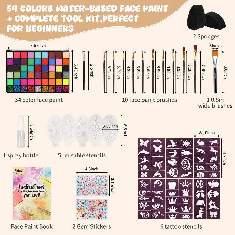 Pintada 54 Color Face Painting Kit for Kids - Non Toxic Water Activated Face Paint Palette with Stencils, Brushes, Gems & Book. For Halloween, Carnival, Party; Costume Makeup for Creative Activities - Image 2