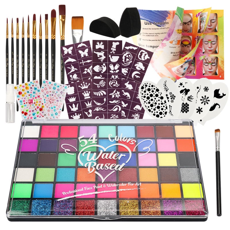 Pintada 54 Color Face Painting Kit for Kids - Non Toxic Water Activated Face Paint Palette with Stencils, Brushes, Gems & Book. For Halloween, Carnival, Party; Costume Makeup for Creative Activities - Image 1