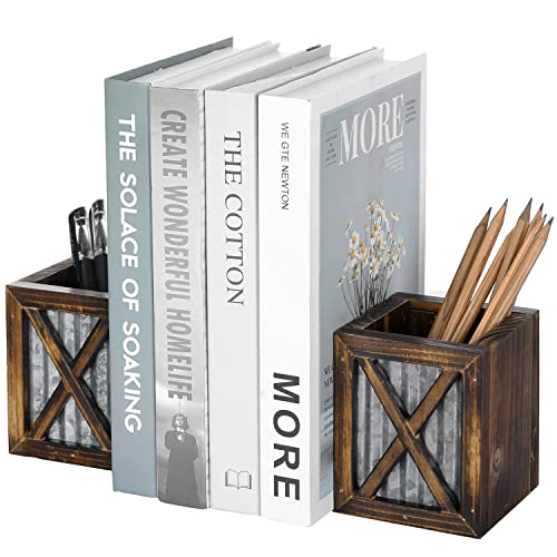 MyGift Rustic Decorative Bookends Book Ends for Shelves with Pen Holder for Home Office Classroom Dorm Room Desk Burnt Wood with Corrugated Galvanized Metal Accent - Image 1