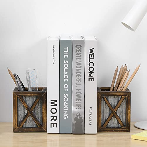 MyGift Rustic Decorative Bookends Book Ends for Shelves with Pen Holder for Home Office Classroom Dorm Room Desk Burnt Wood with Corrugated Galvanized Metal Accent - Image 3