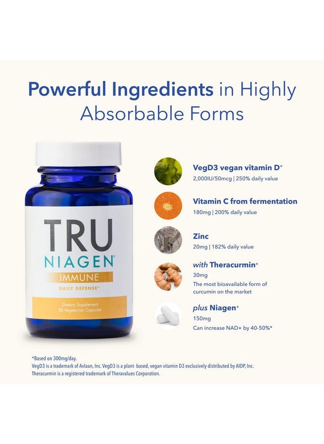 TRU NIAGEN Immune Support Supplement Daily Defense Vitamin C From Fermentation Vegan Vitamin D3 2000 Iu Zinc Plus Theracurmin (Curcumin) + Multi Awardwinning Nad Boosting Niagen 150Mg 30Ct  - Image 3