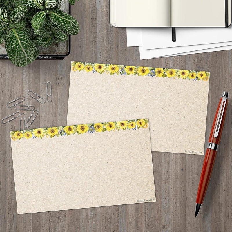 321Done Sunflower Floral Index Cards - Blank, No Lines - (50) Small 3x5" Kraft Cards - For Studying, Learning, Flashcards, Desk Notes, Messages, Notecards, Card Making - Cute, Pretty - Made in the USA - Image 4