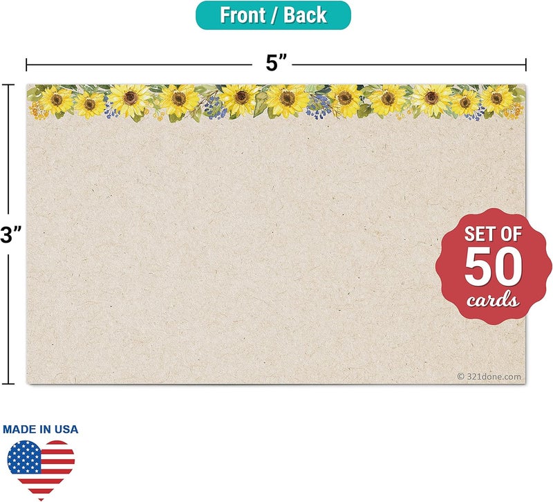 321Done Sunflower Floral Index Cards - Blank, No Lines - (50) Small 3x5" Kraft Cards - For Studying, Learning, Flashcards, Desk Notes, Messages, Notecards, Card Making - Cute, Pretty - Made in the USA - Image 2