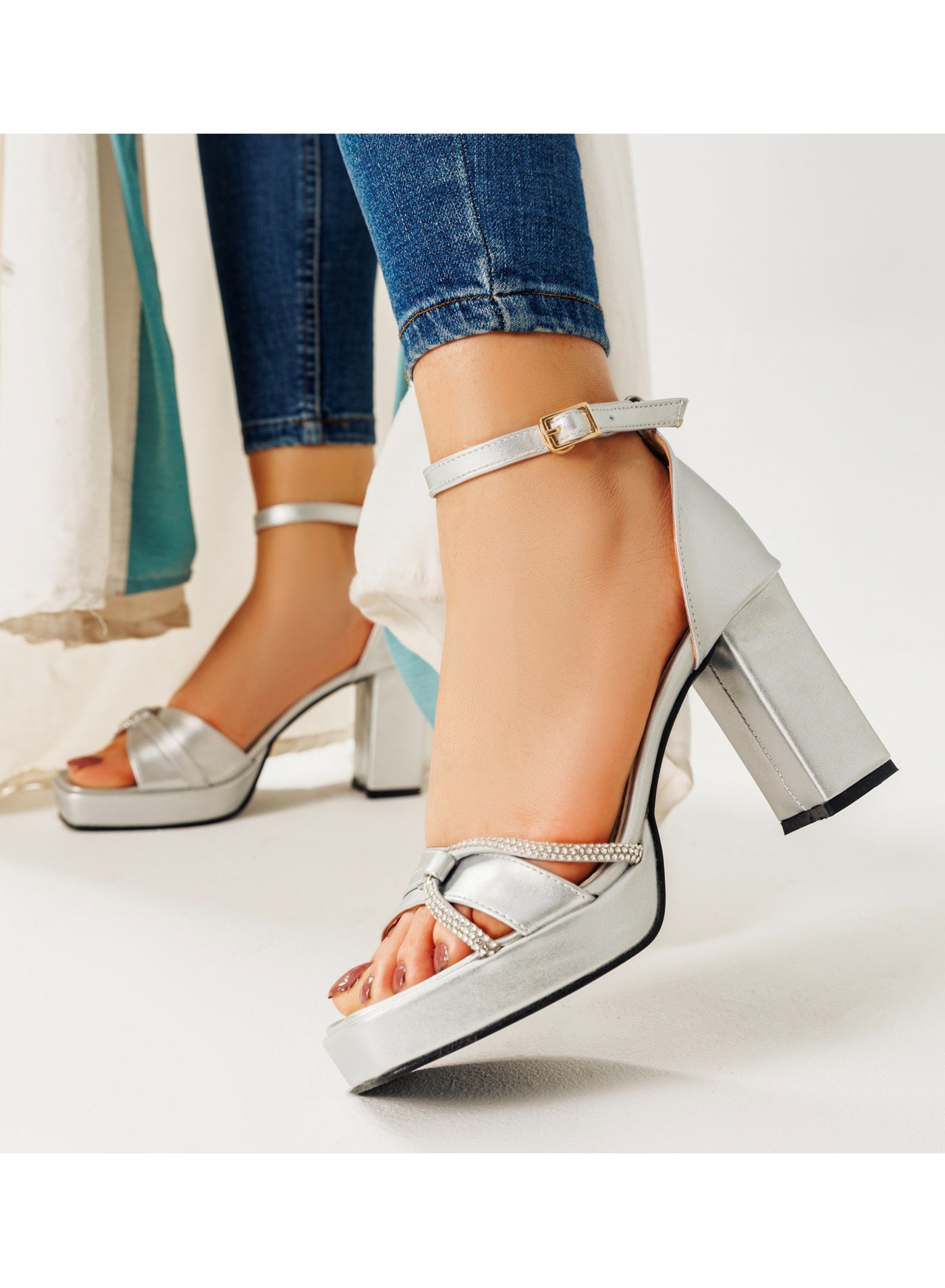 Sandal Almaza Leather High Heel  H-5 - Silver