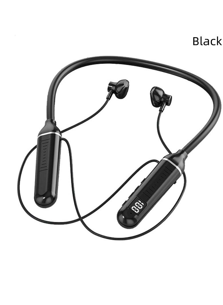 سماعة رأس بلوتوث معلقة على الرقبة، شاشة رقمية رياضية لاسلكية عالية الجودة داخل الأذن، سماعة رأس طويلة التحمل للجري باللون الأسود
