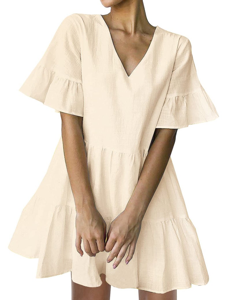 FANCYINN Womens Cute Shift Dress Short Bell Sleeve Ruffle Hem V Neck Loose Swing Tunic Mini Dress with Pockets Beige S - Image 1