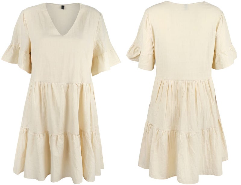 FANCYINN Womens Cute Shift Dress Short Bell Sleeve Ruffle Hem V Neck Loose Swing Tunic Mini Dress with Pockets Beige S - Image 5