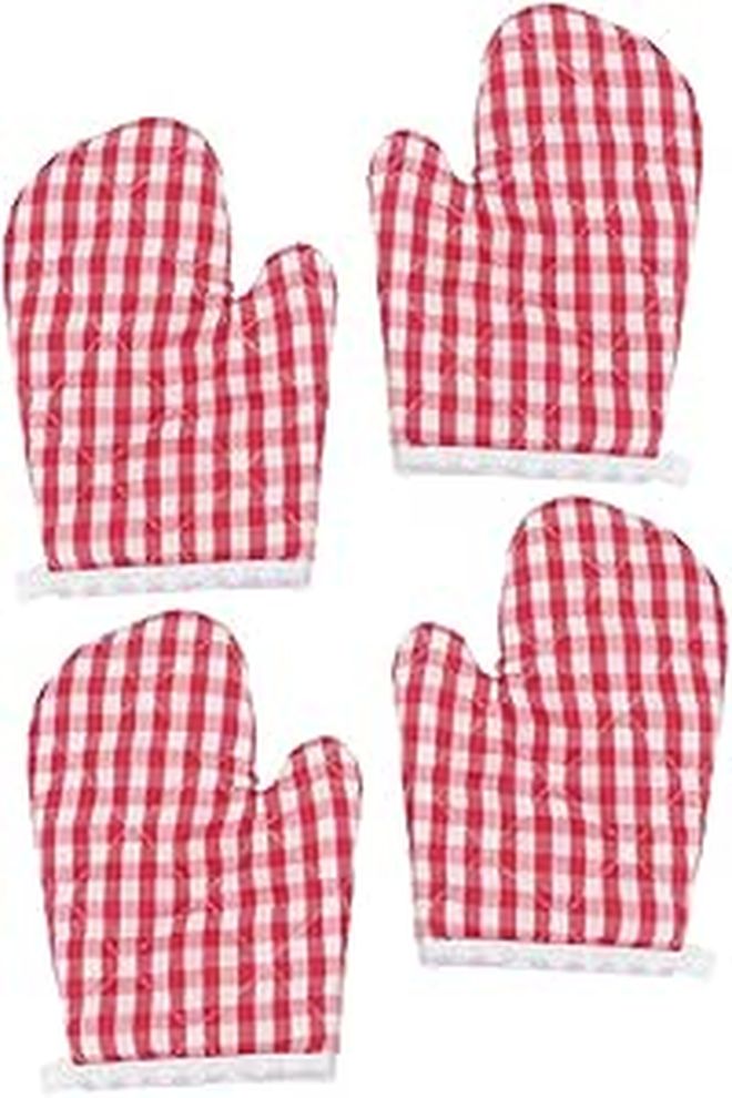 Red Plaid Cotton Oven Mitts 4pcs Heat Resistant Baking Gloves Microwave - Image 1