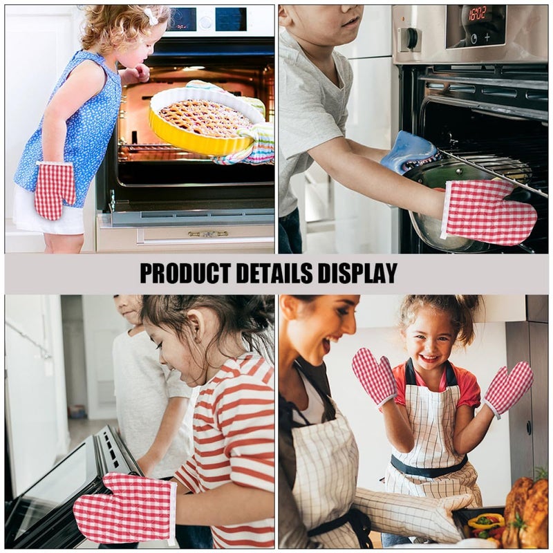 Red Plaid Cotton Oven Mitts 4pcs Heat Resistant Baking Gloves Microwave - Image 4