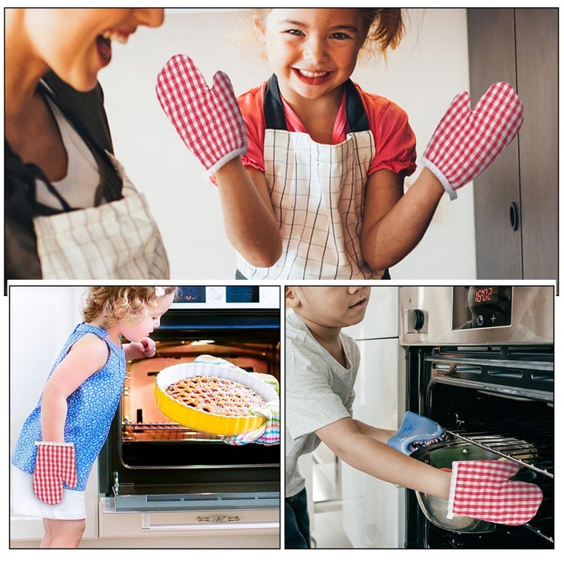 Red Plaid Cotton Oven Mitts 4pcs Heat Resistant Baking Gloves Microwave - Image 5