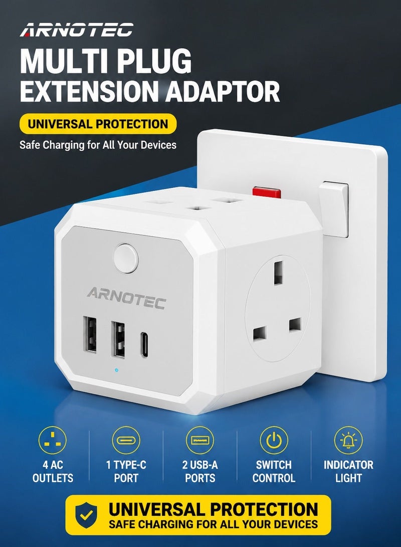 ARNOTEC مكعب توصيل متعدد 7 في 1 مع USB C - 4 مآخذ AC، 2 USB-A، 1 USB-C | 3250 واط منفذ شحن سريع | شحن USB ذكي | مفتاح طاقة وضوء ليلي | محول سفر مدمج للمنزل والمكتب (قابس بريطاني) - Image 1