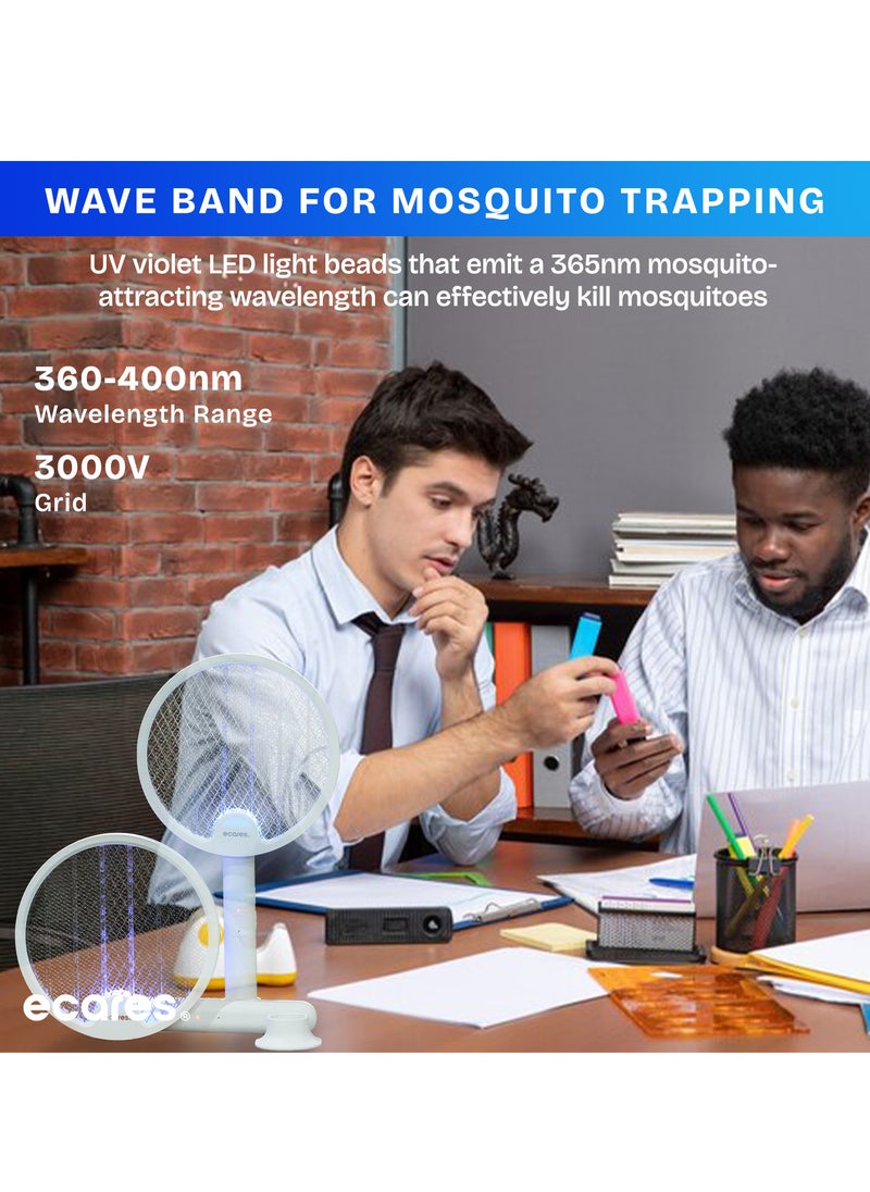 ECARES® Electric Mosquito Swatter, 3 in 1, Vertical, Foldable, Handheld, Auto Zap Mode with Base, Compact Size, UV Light, 3000V, USB Rechargeable, 3 Layers Safety Mesh, For Bugs, Pests.