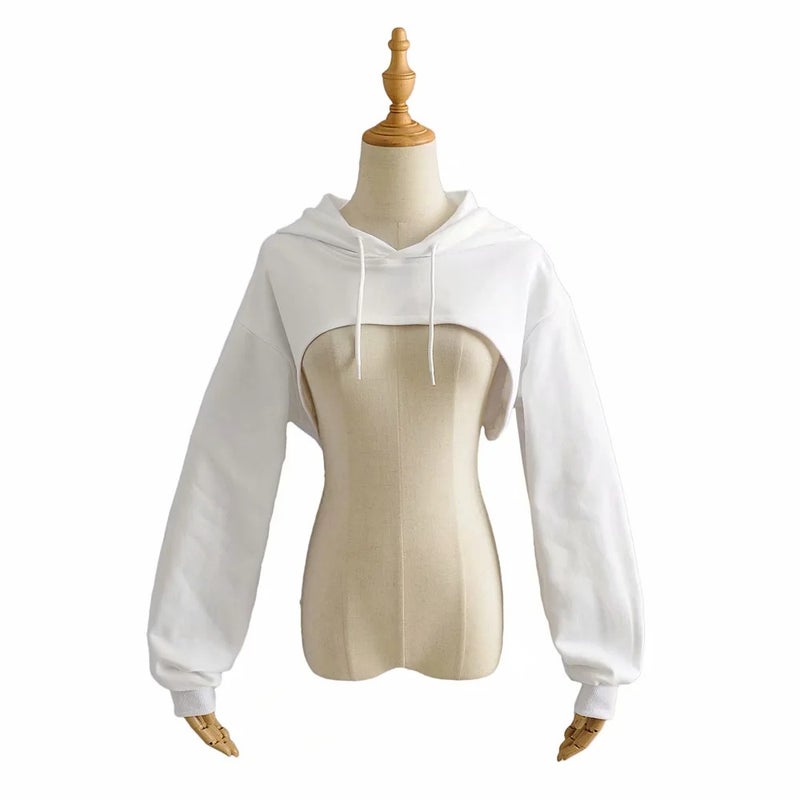 European and American Ins stacked ultra-short sports drawstring hooded sweater womens solid color Joker long sleeve hoodie sweater wholesale White 
