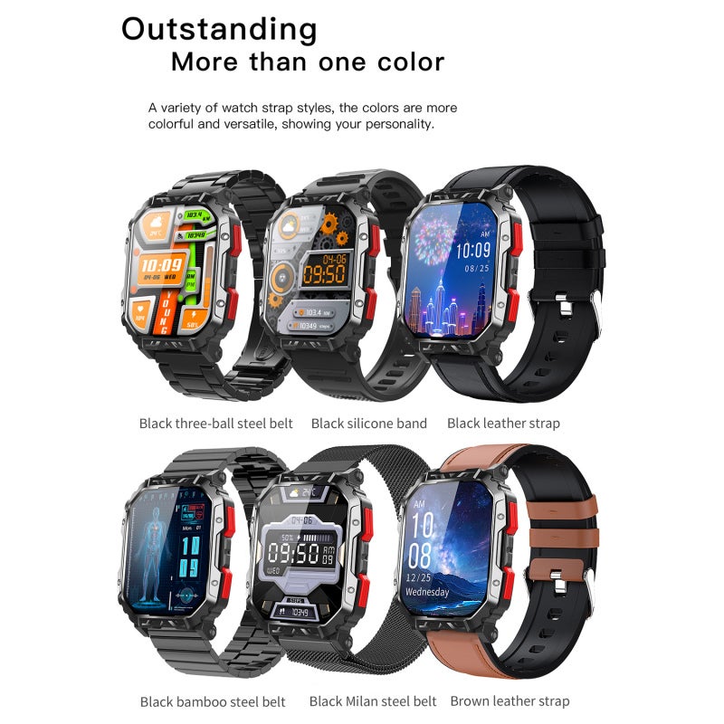 Sports Smart Watch: Black Leather Strap, 280*340px High-Res Display - 1-Click Call Connection, Real-Time Glucose Monitoring Every 10 Minutes, 158+ Sports Modes, Waterproof Anti-Drop Design Smartwatch - Image 3