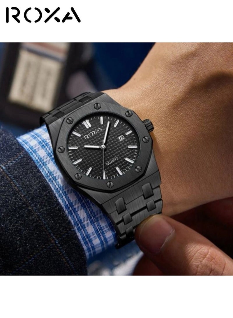 روكسا ساعة يد رجالية فاخرة من ROXA بتصميم أنيق ومتين – سوار معدني، حركة كوارتز، لون أسود - Image 2