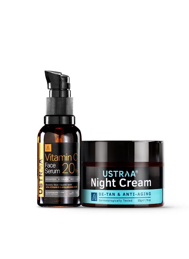 Ustraa - Bright Skin Combo - 20% Vitamin C Face Serum With Hyaluronic Acid 30Ml & Night Cream With Niacinamide 50G, Dermatologically Tested For Skin Brightening - Image 1