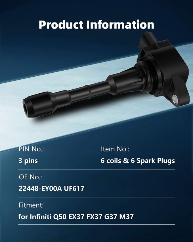 ECCPP UF617 6 ignition coils with 6 iridium Spark Plugs for Nissan for Infiniti 370Z G37 M37 Q50 Q60 Q70 QX50 QX70 V6 3.7L 22448-EY00A UF617 - Image 3