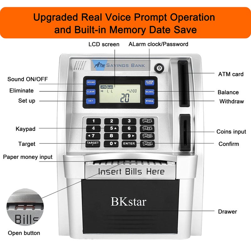 BKstar ATM Piggy Bank for Kids - Talking Electronic Money Bank with Debit Cards & Digital Coin Counter for Real Money, Boys Girls - Image 3