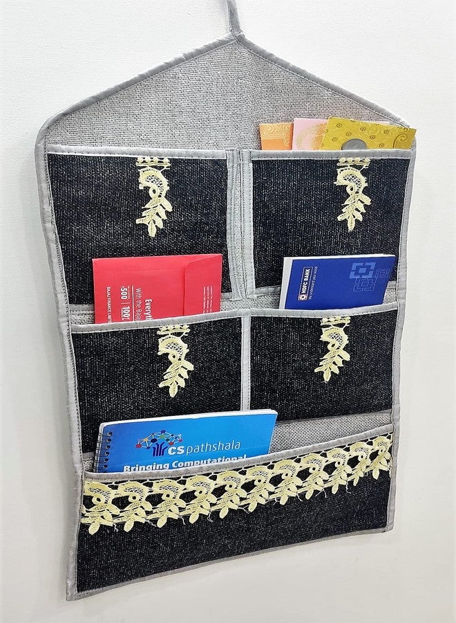 Groki Jute & Cotton Multiuse Wall Hanging Storage 5 Pockets Organizer Letter Magazine Holder for Home Office - Black - Image 2