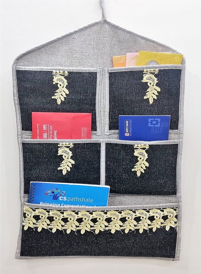 Groki Jute & Cotton Multiuse Wall Hanging Storage 5 Pockets Organizer Letter Magazine Holder for Home Office - Black - Image 1
