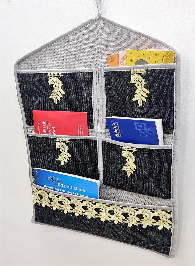 Groki Jute & Cotton Multiuse Wall Hanging Storage 5 Pockets Organizer Letter Magazine Holder for Home Office - Black - Image 3