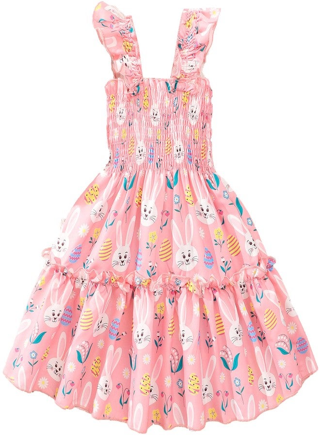 RETSUGO Girls Easter Bunny Dress Flutter Sleeve Swing Twirly Shirred Sundress Toddler Tiered Sundresses Easter Outfit Kids Rabitt Dresses 6-7 Years - Image 1