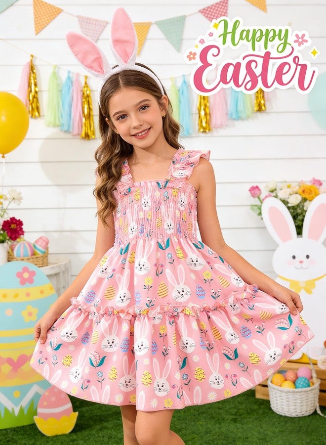 RETSUGO Girls Easter Bunny Dress Flutter Sleeve Swing Twirly Shirred Sundress Toddler Tiered Sundresses Easter Outfit Kids Rabitt Dresses 6-7 Years - Image 2