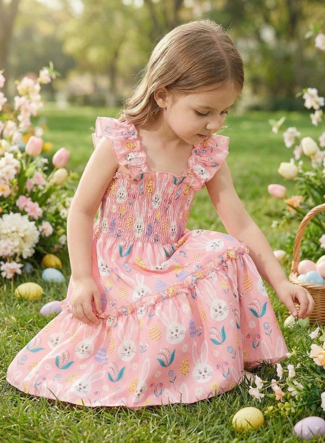 RETSUGO Girls Easter Bunny Dress Flutter Sleeve Swing Twirly Shirred Sundress Toddler Tiered Sundresses Easter Outfit Kids Rabitt Dresses 6-7 Years - Image 5