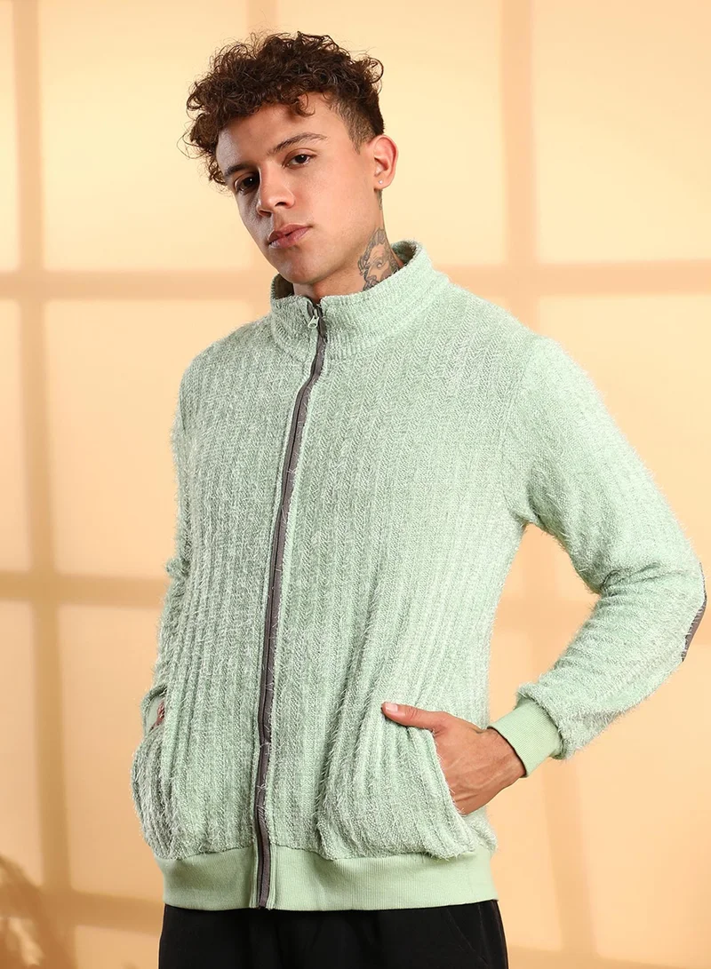 كامبوس سوترا Men's Pistachio Green Self-Design Striped Knitted Jacket