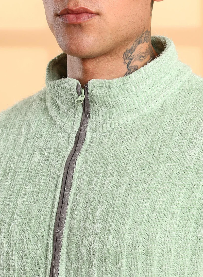 كامبوس سوترا Men's Pistachio Green Self-Design Striped Knitted Jacket