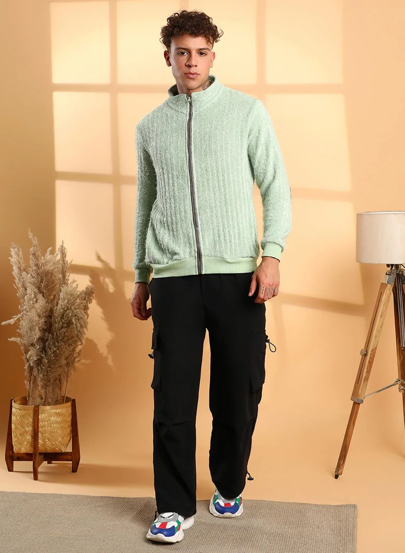 كامبوس سوترا Men's Pistachio Green Self-Design Striped Knitted Jacket